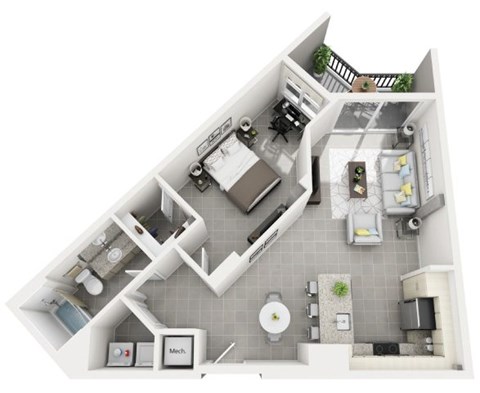 Floor plan for 1 bed, 1 bath, 858 sqft